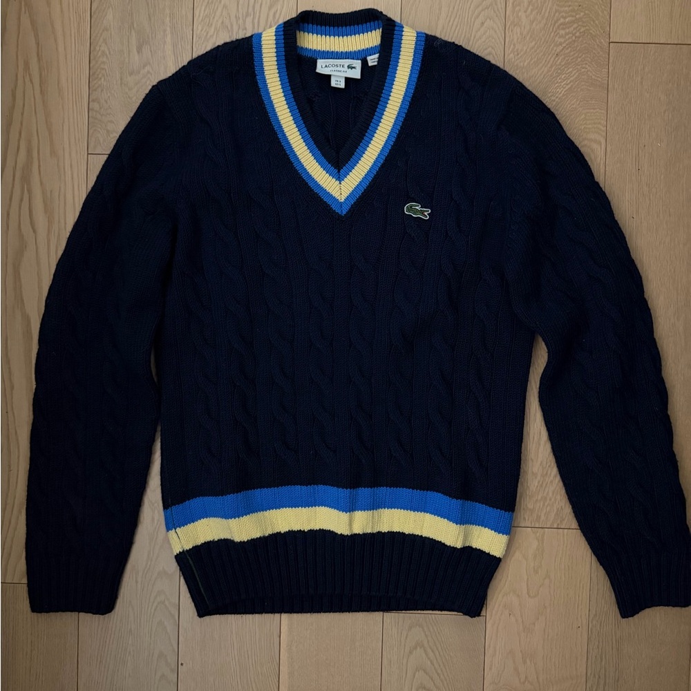 Lacoste Men's V-Neck Sweater in Navy with Blue and Yellow Stripes